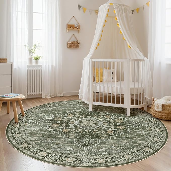 Round Rug Living Room Rugs: 7x7 Washable Boho Neutral Large Circle Soft Indoor Floral Stain Resistant Floor Farmhouse Carpet for Bedroom Nursery Kids Playroom Office Dining Room- Dark Green