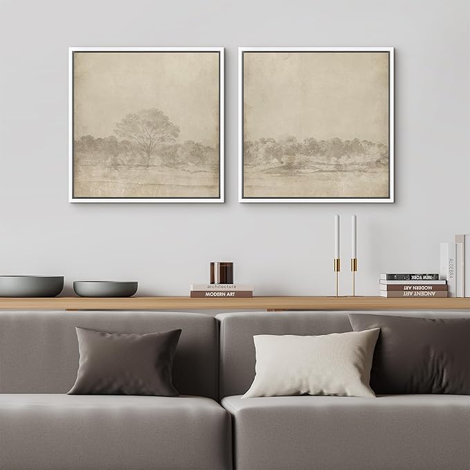SIGNFORD Framed Canvas Print Wall Art Set Vintage Sepia Forest Landscape Neutral Toned Tree Scene Illustrations Modern Art Minimal Relax/Calm for Living Room, Bedroom, Office - 24"x24"x2 White