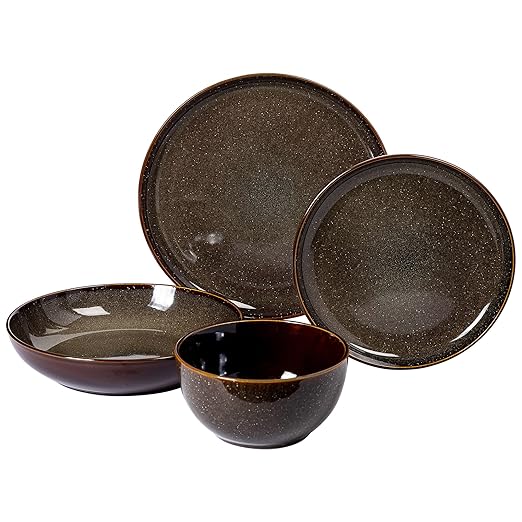 Gibson Elite Edwina 16-Piece Double Bowl Dinnerware Set, Service for 4 – Dark Green Stoneware Plates and Bowls
