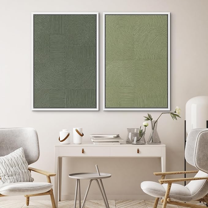 SIGNWIN Framed Canvas Print Wall Art Set Green Geometric Texture Abstract Pattern Minimalist Illustrations Modern Art Minimal Boho Relax/Calm for Living Room, Bedroom, Office - 24"x36"x2 White