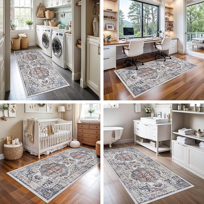 Hallway Washable Runner Rug - 3x6 Kitchen Rugs Entryway Rug Runner Vintage Soft Floor Mat Non Slip Indoor Farmhouse Carpet for Bathroom Living Room Bedroom (3 X 6, Brick)