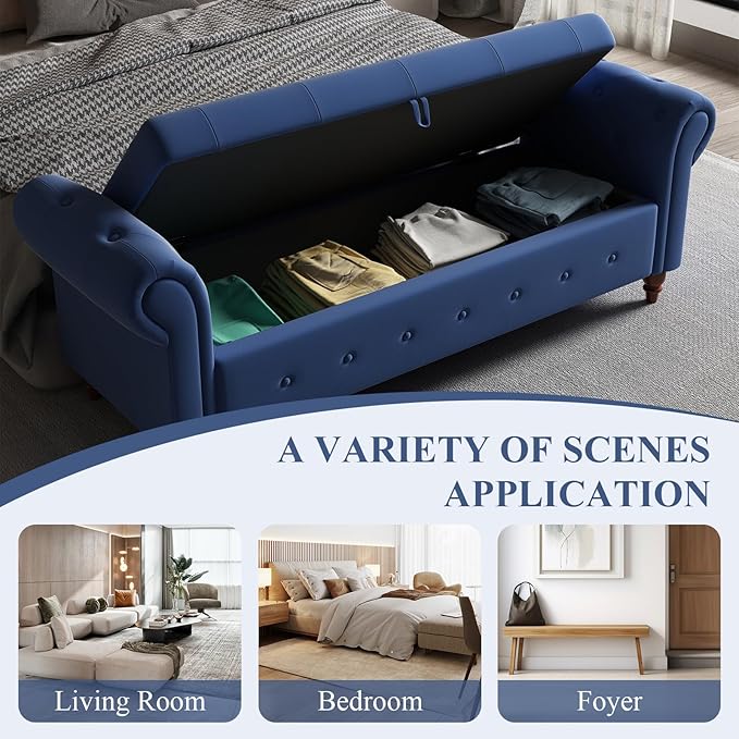 Modern 63'' Storage Ottoman Bench, Upholstered End Bed Bench with Curved Armrest, Button Tufted Entryway Bench with Wood Legs, Bed Bench for Bedroom, Living Room, Hallway (Navy Blue)