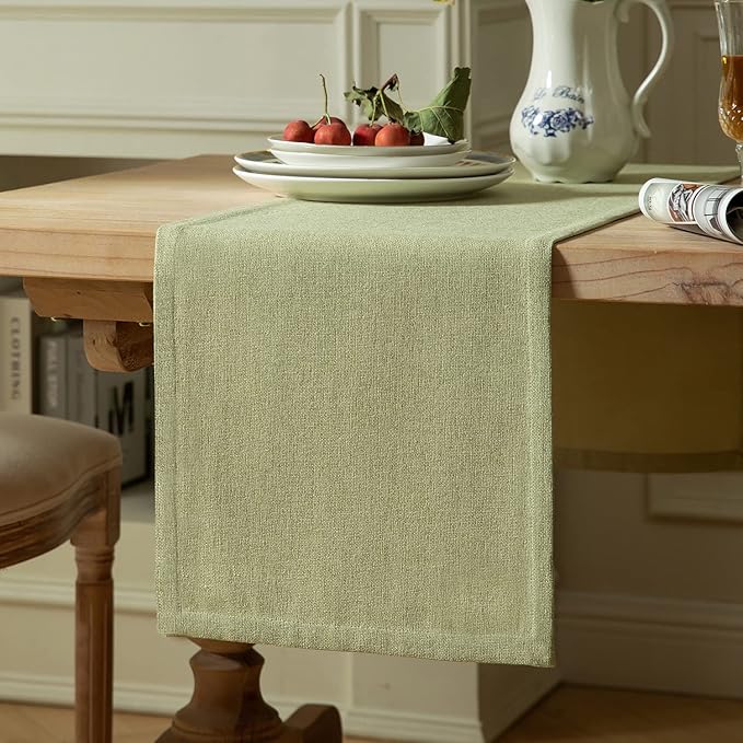 ZeeMart Burlap Style Farmhouse Table Runners 48 Inches Long, Sage Green Rustic Woven Dining Table Runner for Everyday Use, 14x48 Inches, Light Sage Green
