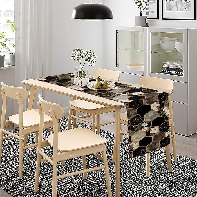 Geometric Marble Table Runner, Black Gold Hexagon White Flower Bloom Accent Table Runner for Kitchen Dining Party Wedding Decor, 13x120 Inch