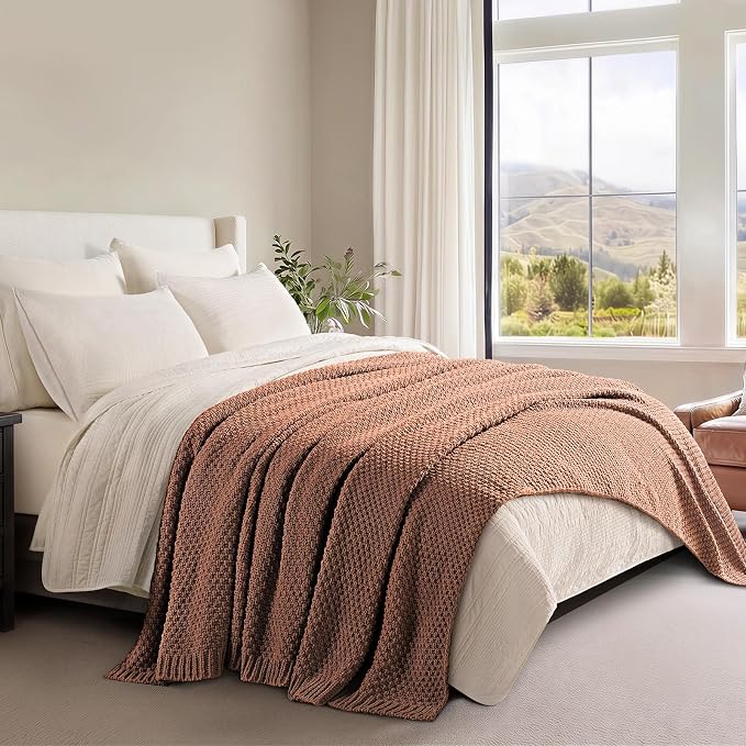 EVERGRACEHOME Chunky Chenille Knit Throw Blanket for Couch, Soft Luxurious Oversized Queen Moss Stitch Blanket for Bed, Cozy Farmhouse Knitted Throw for Sofa, Terracotta Clay, 90" x 90"