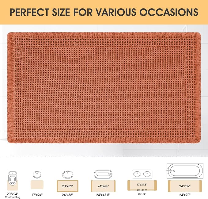 Upgrade Waffle Bath Mat, Boho Bathroom Rugs Absorbent Non Slip, Ultra Soft Bathroom Mat, Machine Washable Knit Bath Rugs with Border for Bathroom, Bedroom, Kitchen, Shower,Tub, 32"x20", Burnt Orange