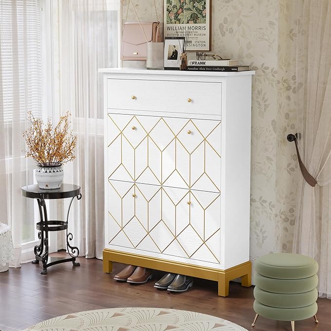 HLR Space Saving Hidden Shoe Cabinet with 2 Flip Doors 1 Drawer, Entryway Shoe Storage Cabinet, Narrow Shoe Rack Cabinet, Freestanding Hidden Shoe Rack Storage Organizer, White with Gold Legs