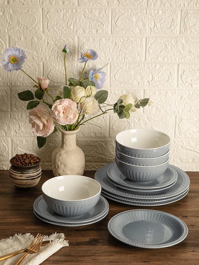 Famiware Garden Plates and Bowls Set for 6, 18-Piece Kitchen Dishes Dinnerware Set - Microwave and Dishwasher Safe, Scratch Resistant, Reactive Glaze and Embossed Stoneware Tableware, Bluish Grey