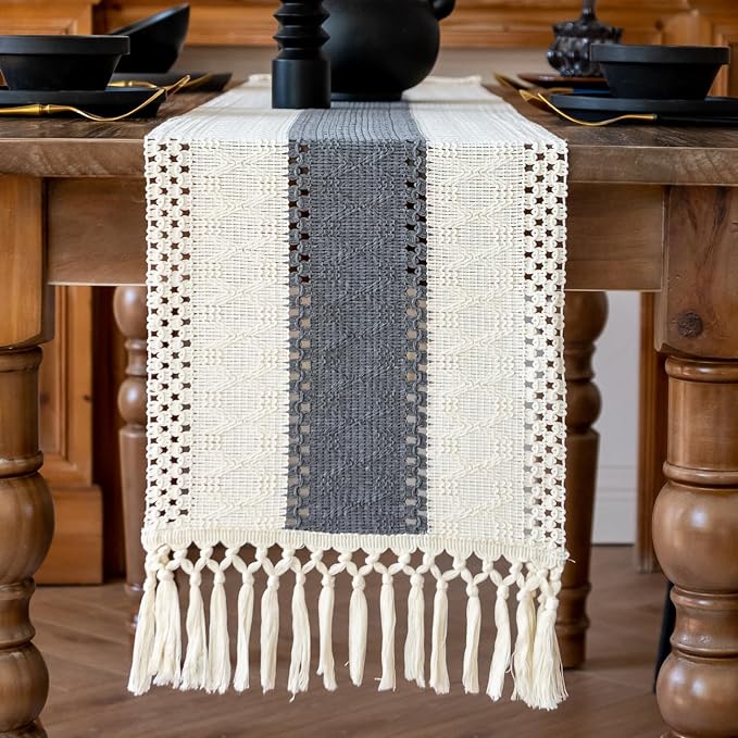 EMMTEEY Boho Table Runner with Tassels- Scratch & Heat Resistant, 94 Inches Long Table Runner Cotton Linen Macrame Handmade for Dining Table/Wedding Décor (12"X94", Grey)