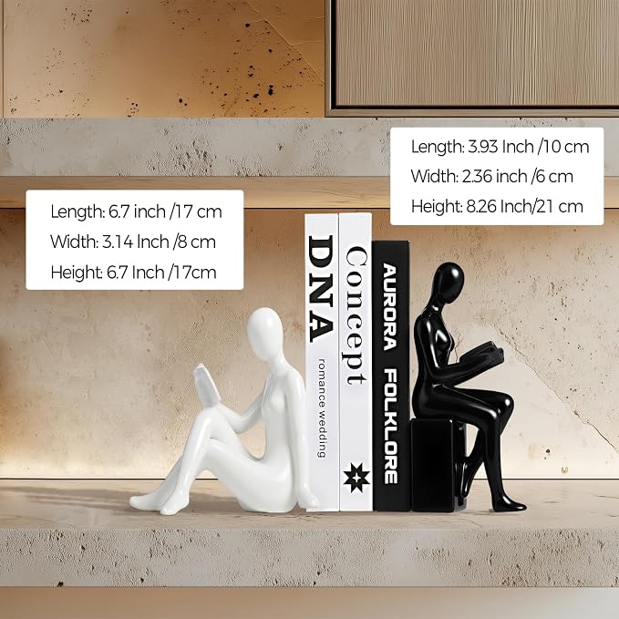 Ceramic Decorative Black and White Bookends Set of 2, Sturdy Stable Non-Slip for Books, Modern Abstract Sculptural Book Ends, Geometric Human Face Aesthetic Shelf Decor for Home Office Library