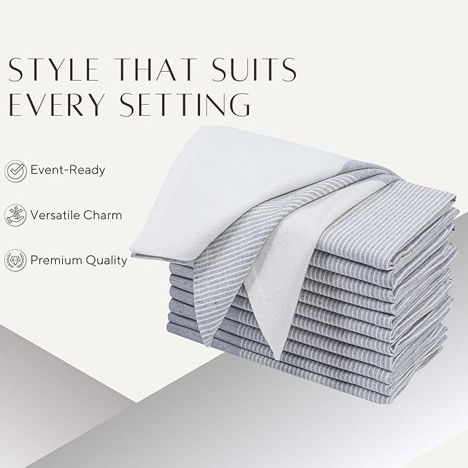 Palisa 100% Cotton Cloth Dinner Napkins [Pack of 12, Grey] Striped Pattern Reusable Table Linen Napkins for Home & Kitchen | Parties & Farmhouse Dining Décor 18x18 Inch