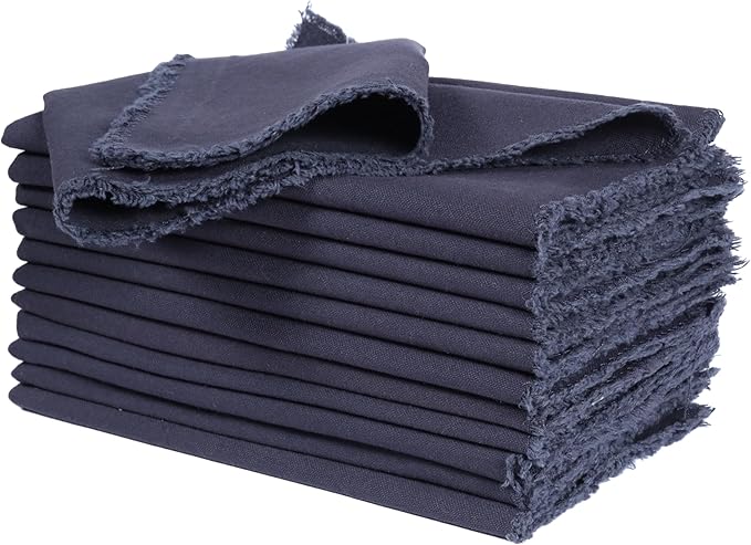 Palisa Premium Cotton Dinner Napkins Set of 12 | Steel Grey Frayed Edge Rustic Farmhouse Table Linen | Soft Washable Long Lasting Durable Cloth Serviettes for Wedding Dining Decor 18x18 Inch