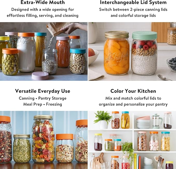 Le Parfait Eco-Friendly Zero Waste Wide Mouth Glass Jar with Airtight Screw Top Lid – Reusable French Storage Jar for Food, Soup, Flour, Sugar, Canning & Baking (1L/32oz, 4 Pack, White)