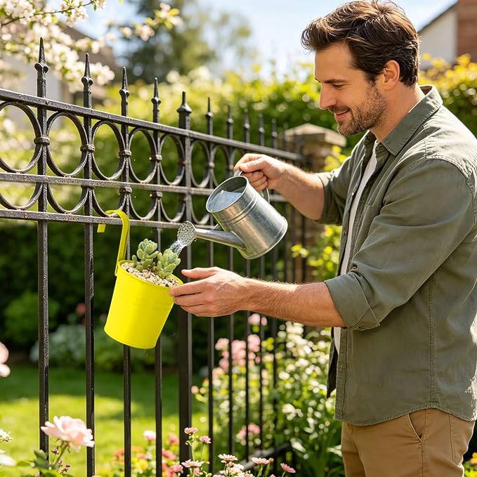 Hanging Flower Pots For Railings, Hanging Galvanized Metal Flower Pot with Hook, Tinplate Hanging Buckets for Garden Balcony Flowers, Colorful Planter for Flowers Grasses and Succulents (Yellow)