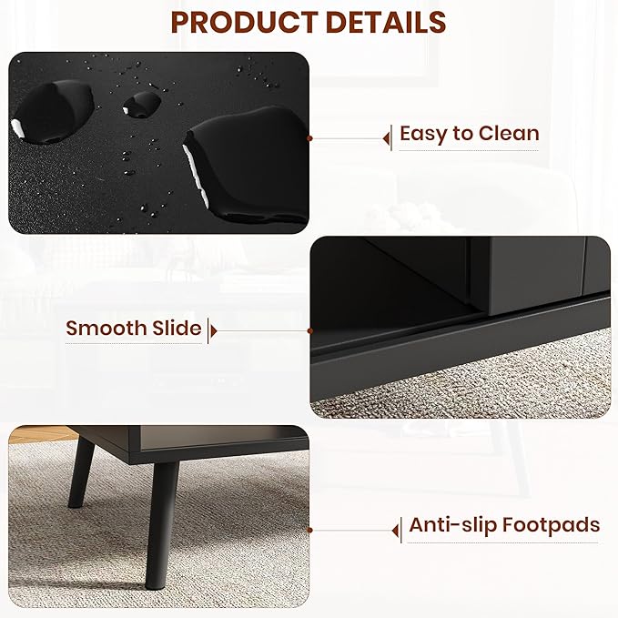 IDEALHOUSE Rattan Coffee Table with Storage, Farmhouse Boho Center Sofa Table with Sliding Door and Open Shelf for Living Room, Bedroom