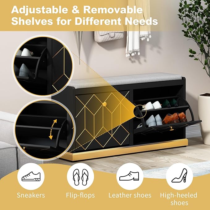 HLR Modern Shoe Bench with Storage, Entryway Bench with 2 Flip Drawer & Padded Cushion Seat, Shoes Storage Bench for Hallway, Closet, Living Room, Black Shoe Storage Cabinet with Bench