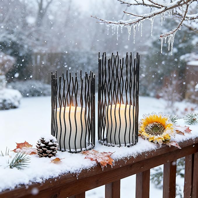 8 & 10inches Height Versatile Farmhouse Black Metal Iron Wire Willow Candle Holders with Led Waterproof Candles, Cage Candlestick Holders for Pillar Candle & Plants, Home Décor (Black)