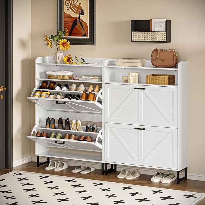 Wodeer Shoe Storage Cabinet with 2 Flip Drawers, Narrow Wood Shoe Cabinet Storage for Entryway with Metal Legs & Hooks, Adjustable Shelves, Freestanding Shoe Rack Organizer for Foyer, Hallway, White