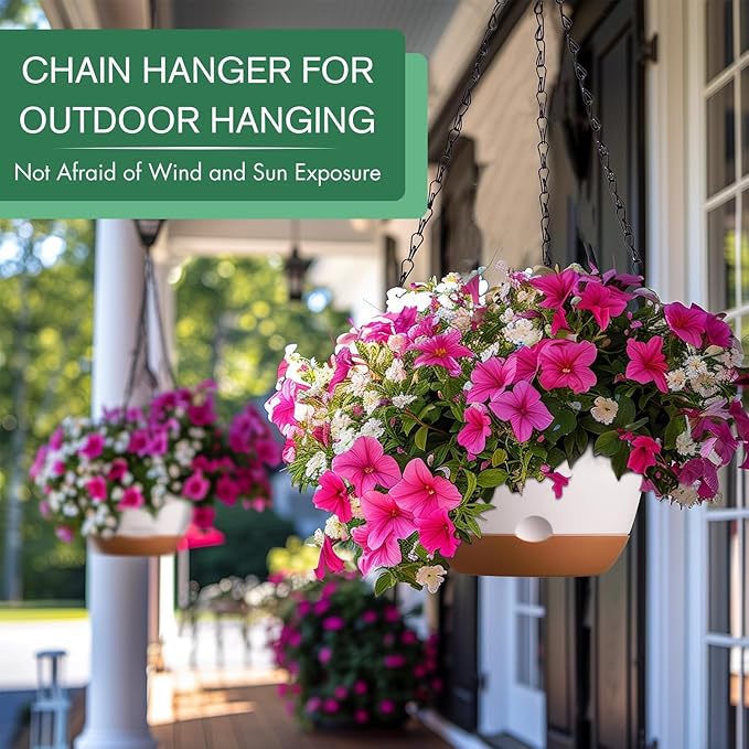 3 Pack 8/10/12 Inch Hanging Planters for Indoor Plants with Self-Watering Includes Hanging Pots for Plants, Outdoor Hanging Flower Pots with Drainage, and 2 Types of Hanging Baskets Hangers (White)