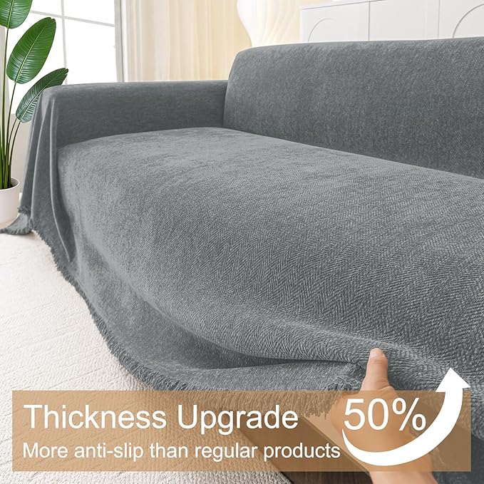 Smiry Couch Cover for Dogs, Washable Chenille Sofa Covers for 3 Cushion Couch, Soft Sofa Slipcover for Pets, Thick Sectional Furniture Protector with Tassels (Grey, 71x102 Inch)