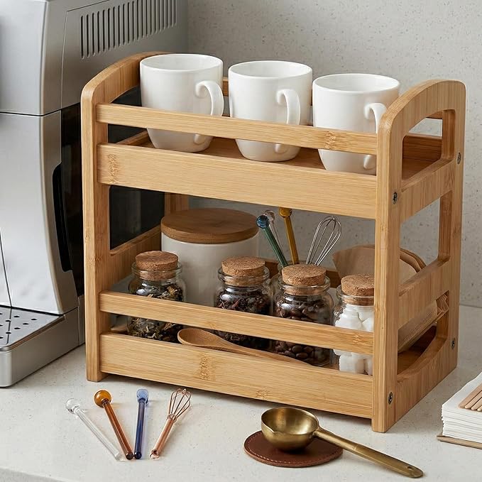 Briful Bamboo Spice Rack Organizer for Countertop, 2-Tier Seasoning Shelf Small Spice Holder for Kitchen Organization Pantry & Cabinet Decor