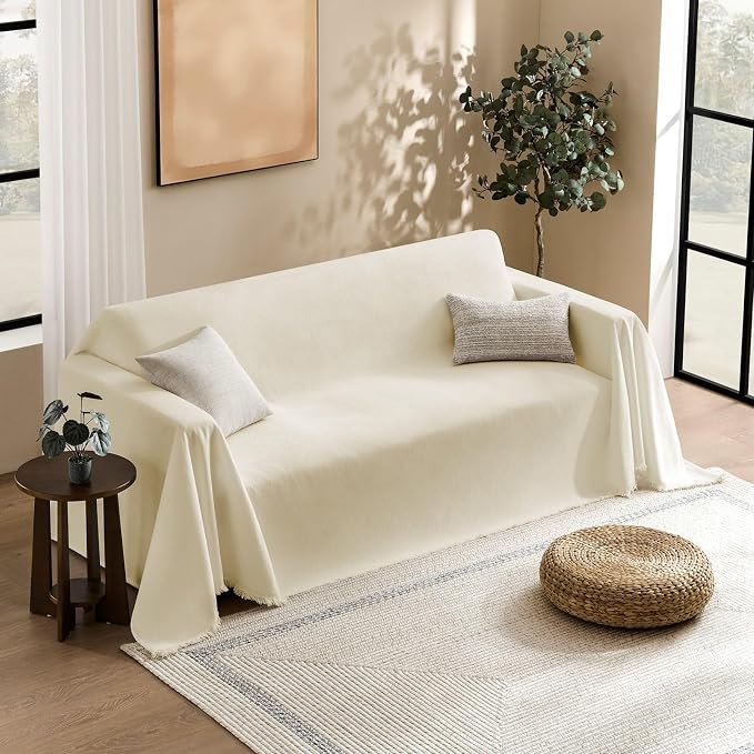 Couch Cover for Dogs Sectional Sofa Covers Washable for 2 Cushion Couch, Chenille Couch Cover Blanket, Sectional Sofa Slipcovers, Multi-Use Furniture Protector for Kids, Pets, 91" X134", Beige