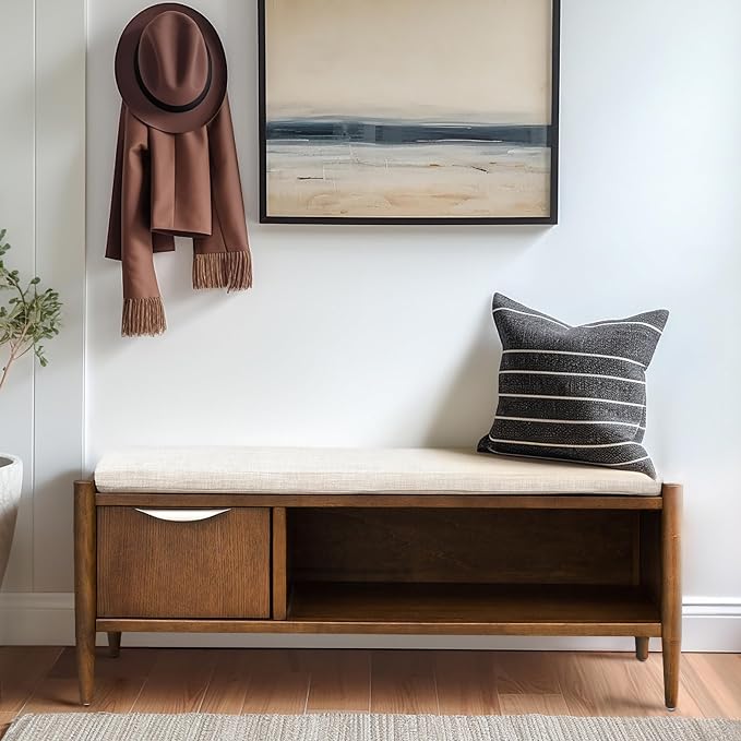 Ink+Ivy Arcadia Entryway Accent Bench with Shelf Shoe Rack, Padded Seating Bench for Living Room, Modern Compact Bed End Bench with Storage for Bedroom Seating, Removable Cushion, 42" W, Walnut Brown