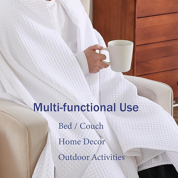 100% Egyptian Cotton Waffle Weave Throw Blanket for Bed Couch Sofa Home Decor, Soft Lightweight Bed & Couch Blanket for All Seasons (White - Throw Size - 50 * 60")