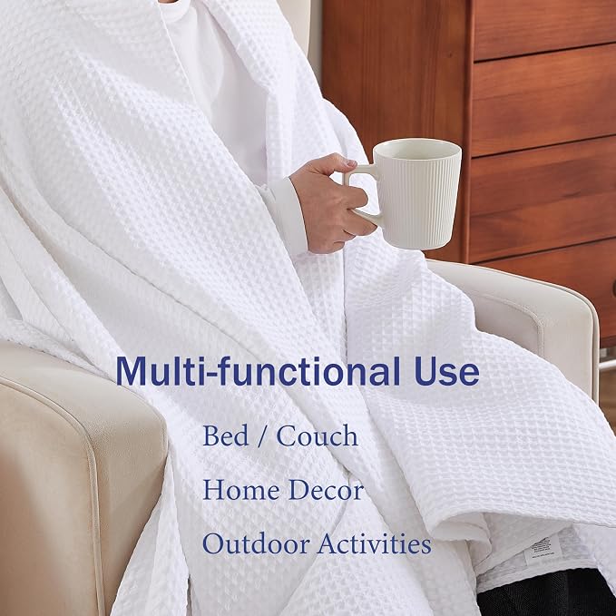 100% Egyptian Cotton Waffle Weave Throw Blanket for Bed Couch Sofa Home Decor, Soft Lightweight Bed & Couch Blanket for All Seasons (White - King Size - 104 * 90")