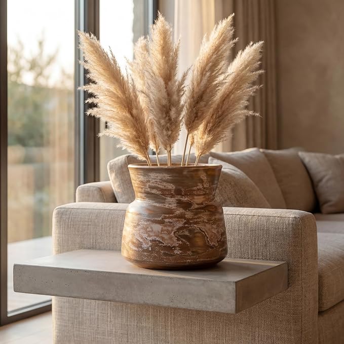 6in Rustic Ceramic Vase Home Decor, Handmade Vintage Stoneware Clay Pottery Terracotta Textured for Modern Farmhouse, Living Room, Office Desk Table Shelf (Brown Gray)