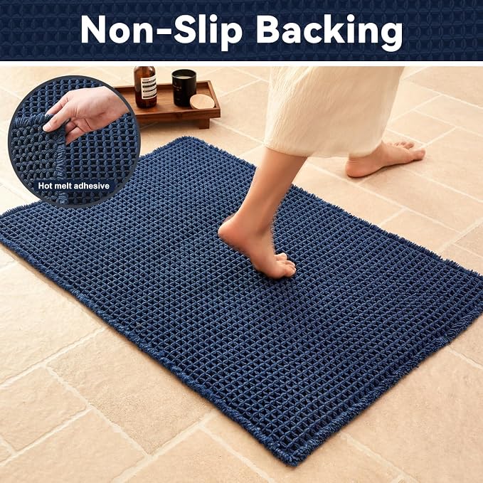 Triohero Waffle Bath Mat, Boho Bathroom Rugs Non Slip Washable, Ultra Soft Super Absorbent Quick Dry Farmhouse Bathroom Decor, 24" x 48", Navy Blue