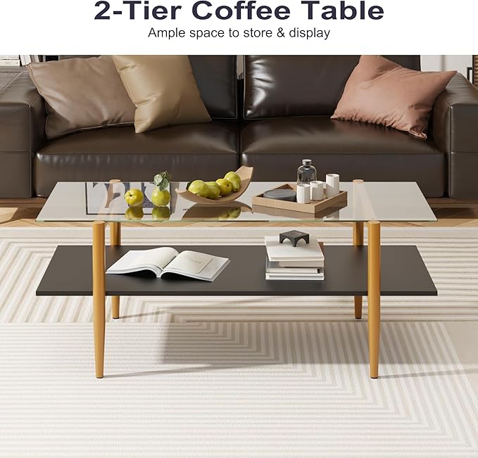 Furnify Glass Coffee Table, Rectangle Living Room Center Table with Golden Legs, Mid-Century Modern Accent Tables with Open Shelf for Living Room, Office, Black