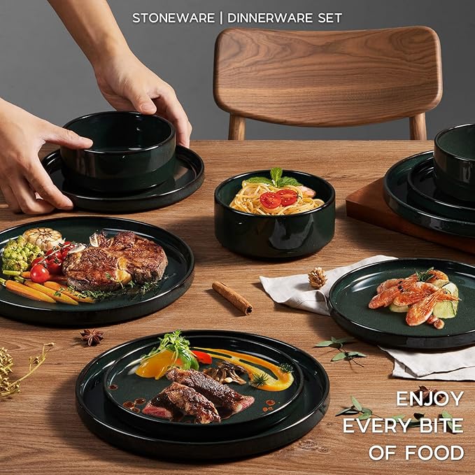 Onader Stoneware Dinnerware Sets for 8, Reactive Glaze Plates and Bowls Sets, Ceramic Dish Dinner Set with Rustic Terracotta Bottom, 24 Piece Elegant Dishware - Emerald Green