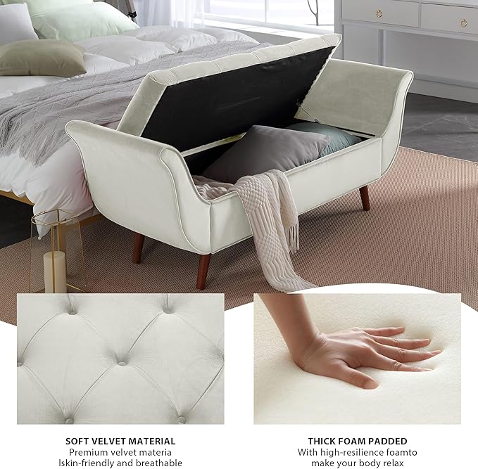 Velvet Storage Bench for Bedroom End of Bed with 2 Pillow, Upholstered Button Tufted Storage Ottoman Bench Footstool Rolled Arm Solid Wood Legs for Entryway Living Room Dining Room (Beige)