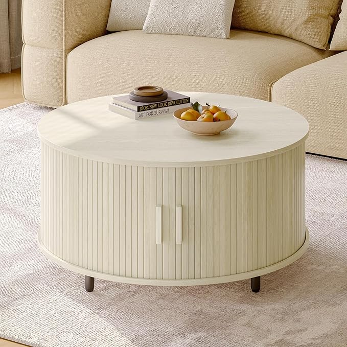 ONBRILL Round Coffee Table with Storage, 31.5" Modern Coffee Table with 360° Curved Sliding Door, Fluted Wood Coffee Table with Adjustable Footpads, Round Center Table for Living Room, Natural White