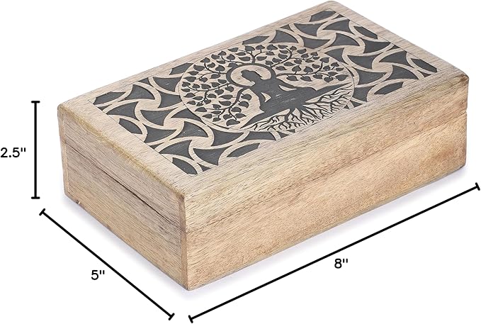 Ajuny Handmade Wooden Keepsake Box Buddha Tree Desgin Memory Box Vintage Decorative Jewelry Storage Treasure Chest Gift Idea for Men & Women (8x5 Inch)