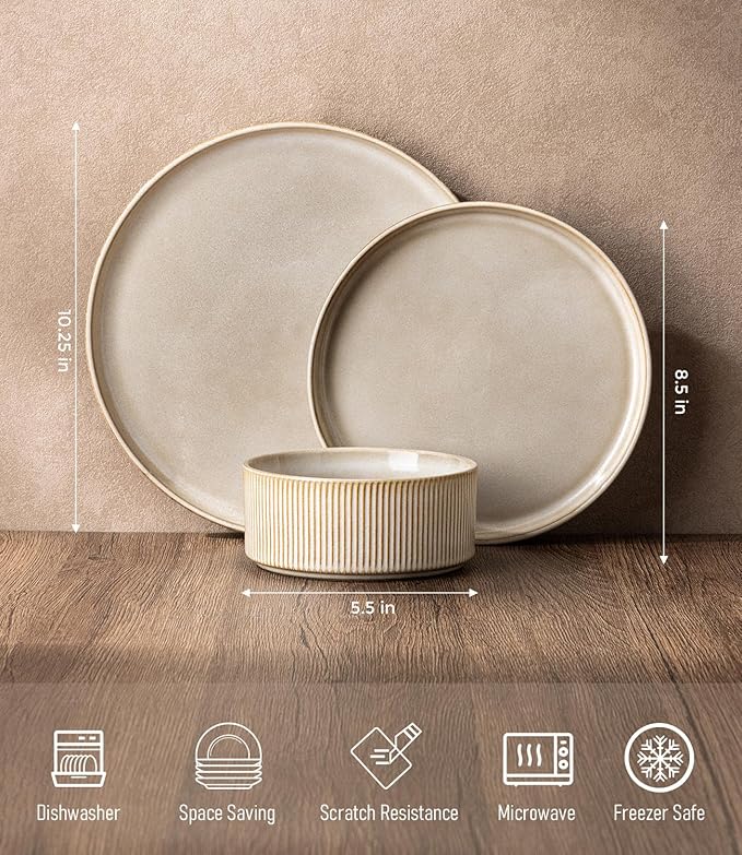 GBHOME 18-Piece Stoneware Dinnerware Set for 6 – Ribbed Ceramic Plates and Bowls, Scratch-Resistant, Microwave & Dishwasher Safe, Reactive Glaze, Cappuccino