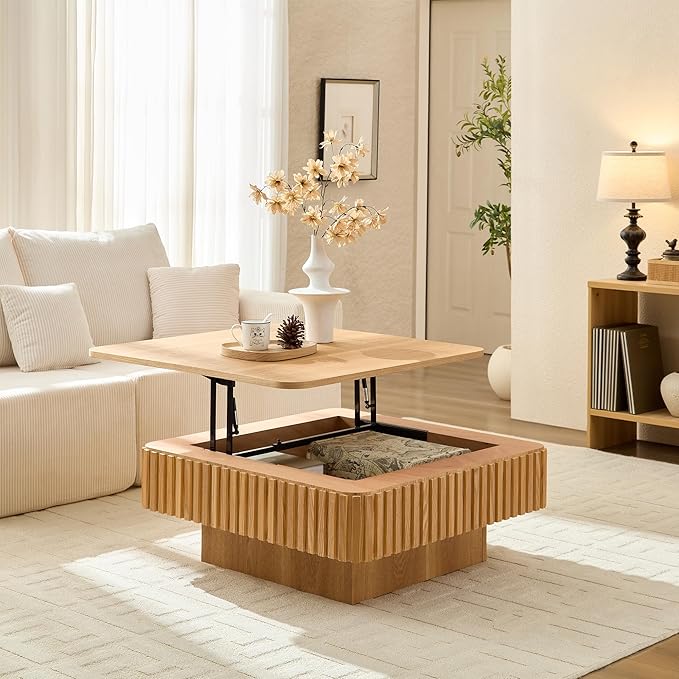 Square Storage Coffee Table with Lift Top for Living Room Office, Modern Fluted Coffee Table, 35.43" Wood Dining Center Tables with Large Hidden Space - Oak
