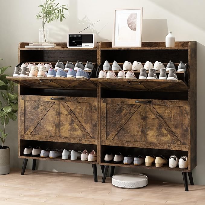 Shoe Storage Cabinet for Entryway, Set of 2, Hidden Shoe Cabinet with 2 Flip Drawers, Narrow Slim Shoe Cabinet for Hallway, Free Standing Wooden Shoe Organizer Shoe Rack, Rustic Brown