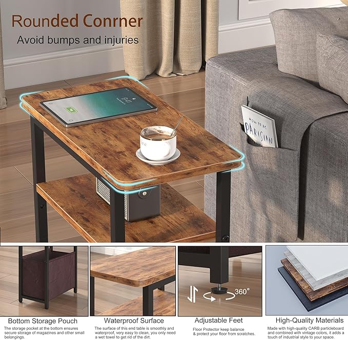 sthmec Narrow Side Table, Skinny End Tables with Fabric Basket, Small Side Tables for Small Space, 2-Tier Open Shelves with Basket, Slim Nightstands for Bedroom,Living Room,Office, Rustic Brown