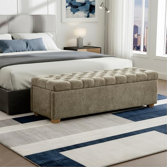 Chifee & Vingol 60" Ottoman with Storage Oversized End of Bed Storage Bench Upholstered Benches for Entryway, Living Room, Bedroom-Taupe