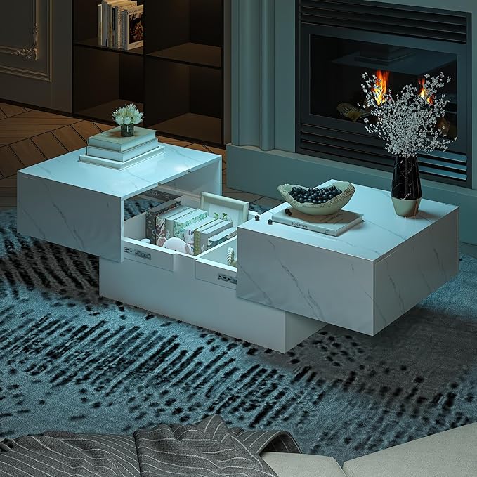 Marble Modern Coffee Table with Storage for Living Room, Living Room Table Rectangular Center Tables, Sliding Top with Hidden Storage, Wooden Cocktail Table for Dining Reception Room