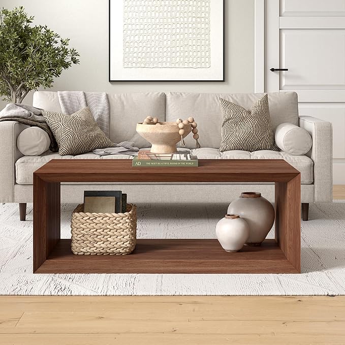 Henn&Hart 48" Rectangular Wood Coffee Table with Open Storage Shelf for Living Room, Family Room, or Office, Medium Walnut