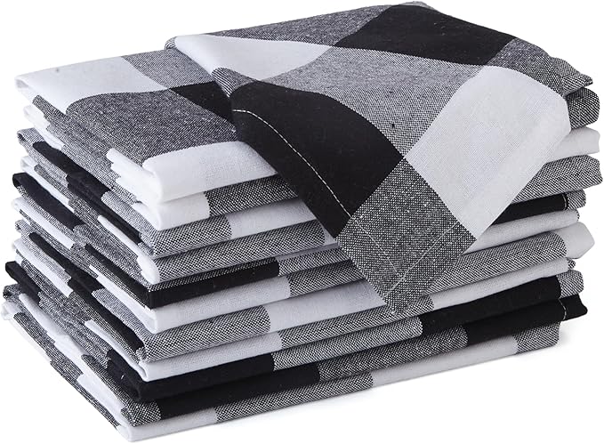 Encasa XO Cotton Cloth Napkins Set of 12, 17"x17" | Washable & Reusable Dinner Napkins Buffalo Black Checks Table Napkins for Farmhouse, Wedding, Holiday, Party & Everyday Dining