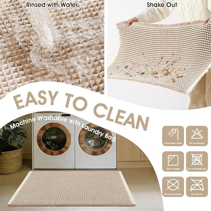 Upgrade Waffle Bath Mat, Boho Bathroom Rugs Absorbent Non Slip, Ultra Soft Bathroom Mat, Machine Washable Knit Bath Rugs with Stripe for Bathroom, Bedroom, Kitchen, Shower,Tub, 32"x20", Beige & White