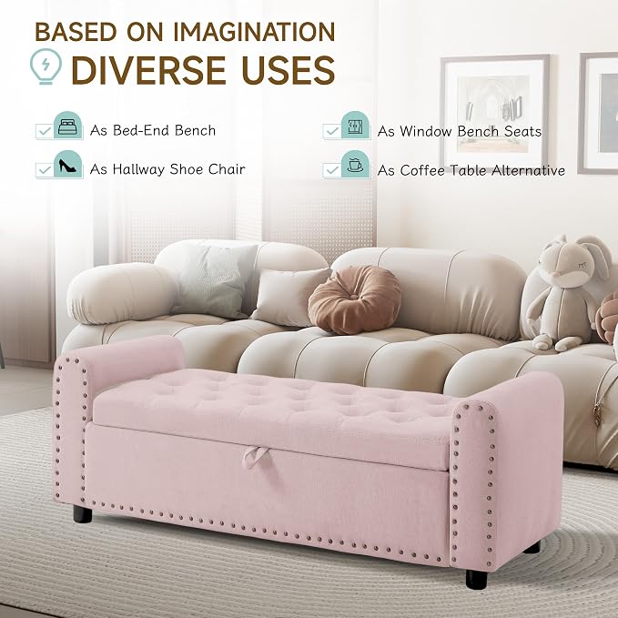 Ottoman with Storage, Tufted Storage Bench for Bedroom, 48" Fabrics End of Bed Bench, Upholstered Entryway Shoe Benches with Rolled Arm & Inner Zipper, Window Ottomans Chest with Rivets, Pink