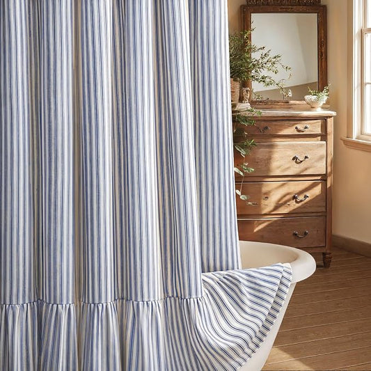 Farmhouse Shower Curtain with Ruffle Hem Linen Shower Curtains for Bathroom Country Vintage Rustic Natural Fabric, Cream-Blue Stripe 72" W x 75" L