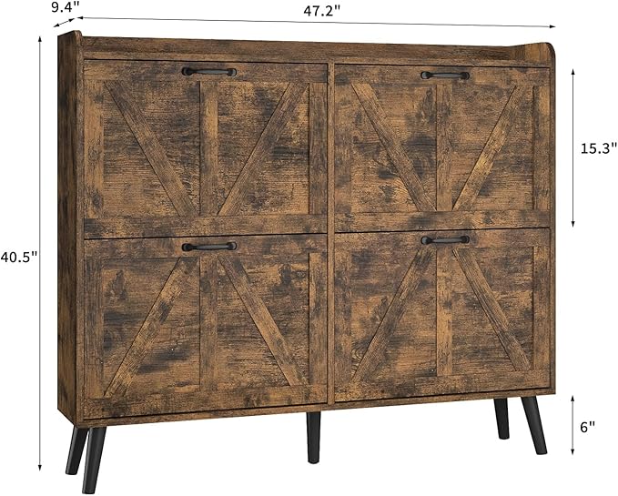 Shoe Cabinet Storage for Entryway Slim, Farmhouse Shoe Organizer Cabinet with 4 Flip Drawers, Farmhouse Hidden Shoe Rack with Wooden Legs, Rustic Brown