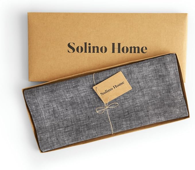 Solino Home Linen Table Runner 156 Inches Long - Athena, 100% Pure Linen Chambray Black Dining Table Runner 14 x 156 Inch