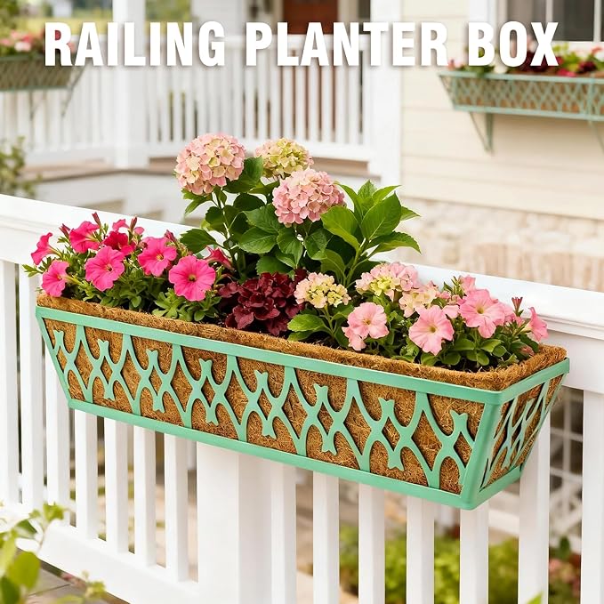 4 Pack 30 Inch Window Boxes Planters Railing Planter Box with Adjustable Brackets for Porch Fence Patio Balcony Hanging Flower Baskets with Coco Liners for Outdoor Garden Decor - Green